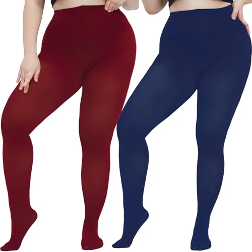 Image of Women's Plus Size Tights Opaque Ultra-Soft Pantyhose High Waist Run Resistant Solid Color Elastic Tights 1X, 2X, 3X, 4X Burgundy + Navy Blue X-Large