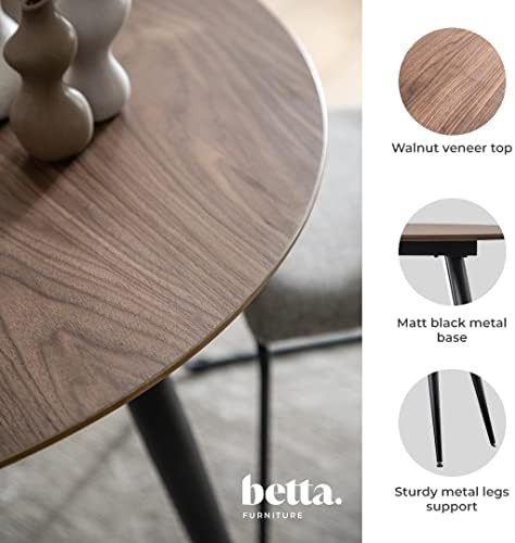 Betta Furniture Dining Table for 4 People - Walnut Round Dinner Table - 4 Seater Dining Room Table with Oak Veneer Top and Black Metal Legs - 90 x 90 x 75cm (Table Only)