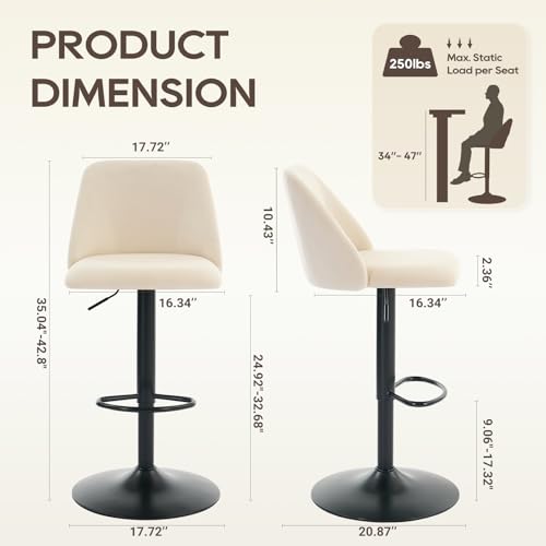 COLAMY Bar Stools Set of 3, Modern Swivel Bar Chairs, Adjustable Upholstered Barstools Counter Height with Full Backrest for Bar, Dining Room, Kitchen Island, Beige