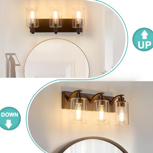 Image of 3-Light Bathroom Light Fixtures Modern ORB Vanity Lights | Easy to Install Clear Glass Shades, Wall Mount Up or Down, E26 Socket, Hardwired, 121V