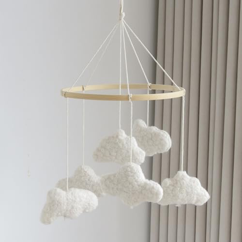 Six white boucle clouds on wooden hoop, longer drop version