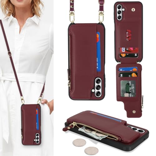 Coque Samsung A14 5G avec cordon pour femme active étui portefeuille zippé rouge bordeaux