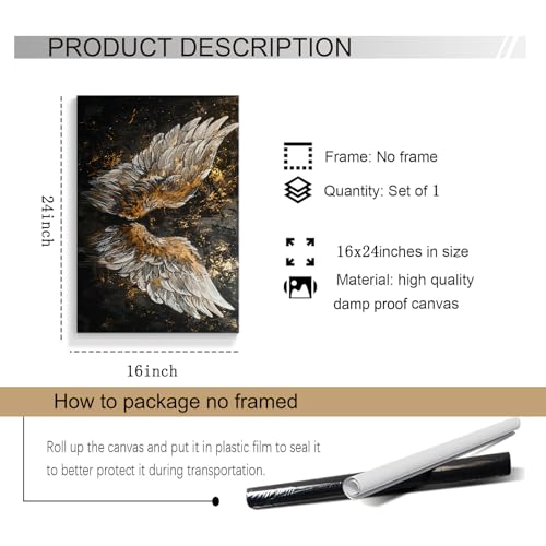 Black and White Angel Wings Wall Art Abstract Angel Painting Angel Wing Poster Feather Painting Wall Art Angel Wings Wall Picture Angel Wing Abstract Canvas Black White Wing Picture 16x24inch Unframed by Eeuqiauot - Used condition - Image 5