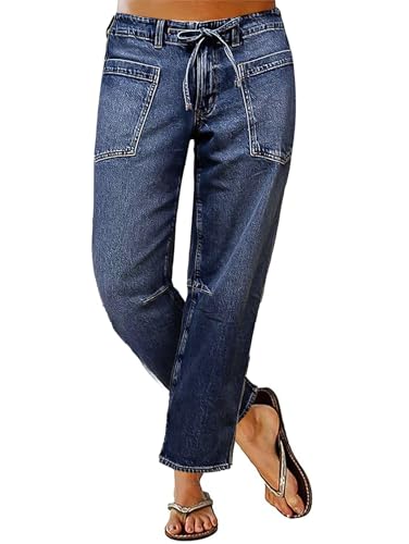 Flamingals Women's Mid Waist Straight Leg Jeans Drawstring Cropped Jeans Women Stretchy
