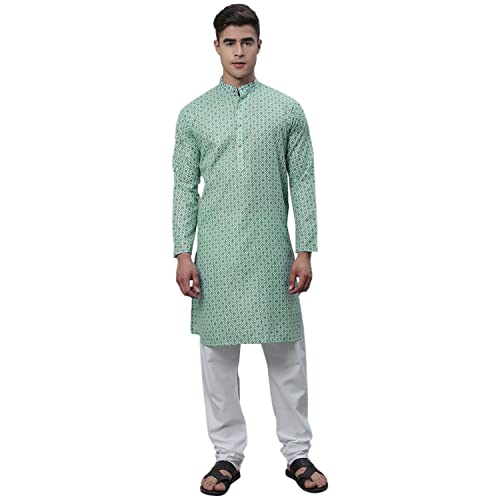Image of SOJANYA (Since 1958 Men's Cotton Linen Blue Foil Printed Kurta and White Pyjama Set