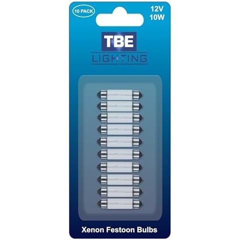 TBE Lighting Replacement Festoon Bulbs, PACK OF 10 Xenon lights for Undercabinets & Car Interior Lighting. Clear glass finish, Warm White colour- 12v / 10w / Dimmable 11mm x 41mm Energy efficient Bulb Cover