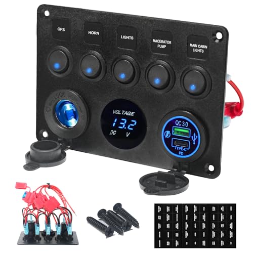 image for BeltandRoad Upgraded 5 Gang Rocker Switch Panel - Type-C/QC 3.0 USB, D