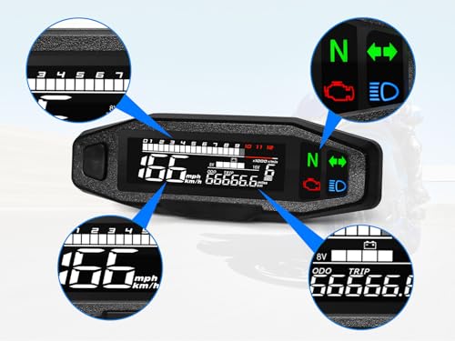 Motorrad Digitaler Tachometer, Drehzahlmesser mit LCD Display, Blinker, Hintergrundbeleuchtung, Kilometerzähler und Vergaser für die meisten Motorradmodelle(mit Stützen and Sensors)