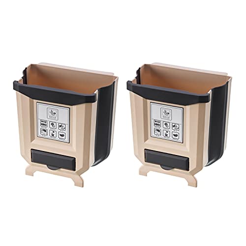 BWWNBY Plastic Collapsible Trash Can, Wall Mounted Folding Waste Bin Hanging Garbage Can for Kitchen, Cabinet, Car, Bedroom, Bathroom(2 Pack, Coffee)