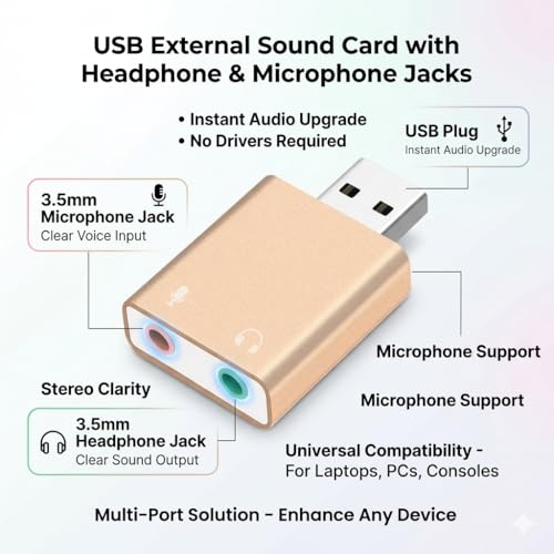 Image of External USB Sound Card for Laptop PC | Plug & Play USB Audio Adapter for Mic & Headphone | Compatible with Laptop, PC, Mac & PS4 - HiFi 7.1 Channel (Multicolor)