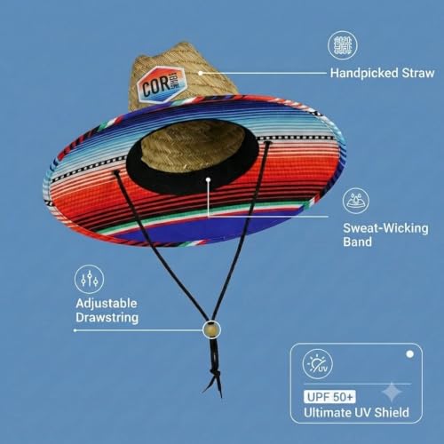 Image of COR Surf Straw Hats for Men and Women Classic Lifeguard Sun Hat with UPF 50+ Cloth Printed Under The Beach Hat