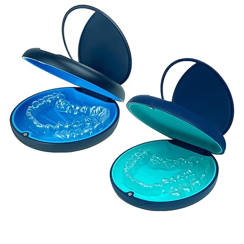 Maoerdental - 2 Pack Aligner Case with Mirror,Mirror Separate Design Retainer case, Slim Travel Orthodontic Clear Retainer Box (1PC Black Blue+1PC Dark Blue Cyan)