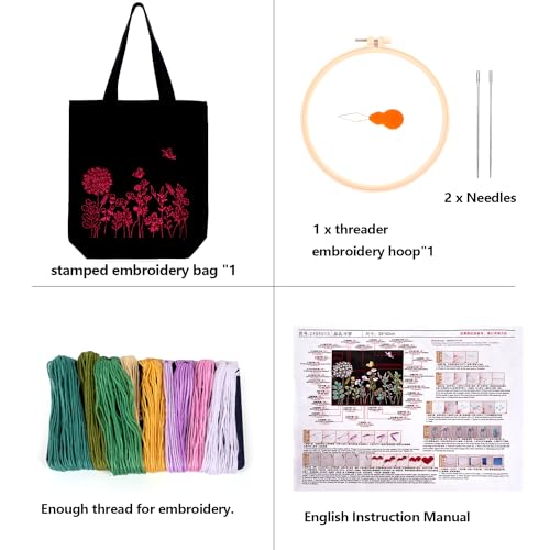 Image of Canvas Tote Bag Embroidery Kit, Embroidery Kit for Beginners Adults, Embroidery Starter kit with Flower Pattern, Canvas Bag Cross Stitch Kits, Cross Stitch Kit with Hoops, Color Threads and Tool