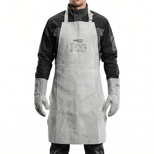 NEO TOOLS Hochwertiger Schweißerschürze aus Leder 60 x 90 cm, Strapazierfähiger Schutz für Schweißarbeiten, Hitzebeständig und flammhemmend, Verstellbarer Nackengurt und Taillenband (Ledergurten)