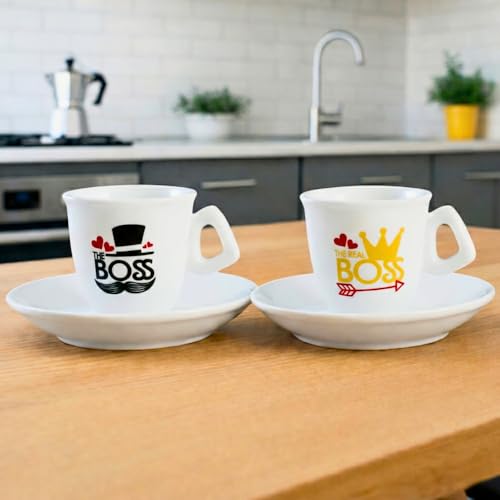 BrandPrint Set 2 Tazzine Caffè con Piattino - Serigrafia Artigianale THE BOSS, THE REAL BOSS in Box Elegante - 100% Made in Italy - Regalo Coppia San Valentino, Anniversario, Casa Nuova, Matrimonio