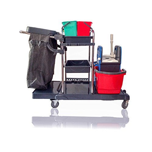 Mr. Mop carrello pulizie lavapavimenti carrello-4cuscinetti a sfera ruote orientabili,4x6 lt secchio,2x24 lt Spremi scopa a frange,2 ripiani portaoggetti,1 ripiano e supporto sacco spazzatura incl.