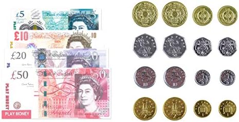 Sterling Pound Play Money Currency for Educational Learning  Bank and Shop Role Play - Literacy - Numeracy - Pretend Play Set - Fake Money Cash UK Banknote Notes and Coins - Kids Children's Toy