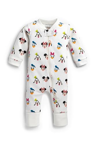 MONICA + ANDY One Piece Baby Pajamas, Size 6-9 Months, Mickey + Friends on White, 100% Organic Clothes for Girls and Boys, Sustainable Super Soft Fabric, Sizes For Newborn, Infant & Toddler