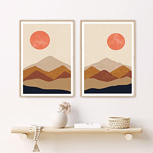 Art mural bohème abstrait orange : grand tableau minimaliste montagne et soleil couchant