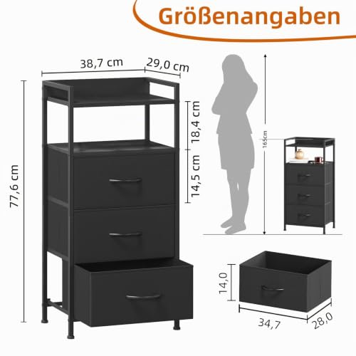 Somdot Kommode for Schlafzimmer, 3 Schubladen, offenes Regal, Schwarz – Ansicht 2