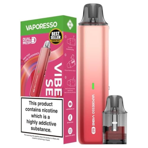 Vaporesso Vibe SE Pod Kit [Strawberry Red] – 1100mAh Long-Lasting Battery, Type-C Fast Charge, Anti-Leak Tech, 24W Power, Dual Mesh – Works with Vibe Pods – Available in 10 Colours – No Nicotine