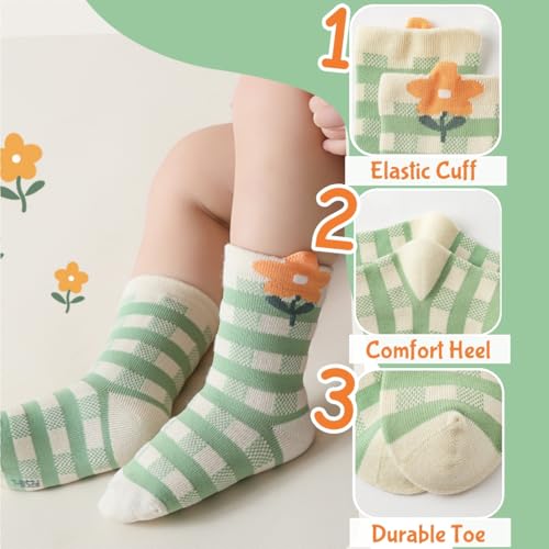 4 Pairs Toddler Baby Girl Boy Kids Socks, Green Cute Flower Soft Cotton Crew Socks, 0~5T3