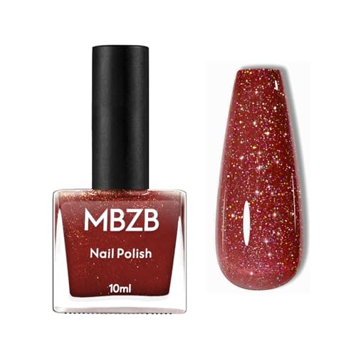 Image of Red Glitter Nail Polish - Wine Red Nail Varnish Quick Dry - Burgundy Sparkly Pearl Shimmer Nail Polish - High Glossy Long Lasting No UV Lamp Needed Chip Resistant Nail Paint for Women DIY Nail Art10ml