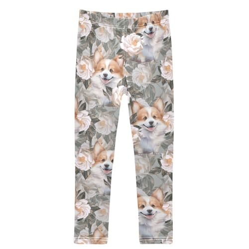 Girls' Leggings Retro Pattern Cute Corgi Dog Flower Ankle Length Printed Leggings Comfort Pants for Kids 4-10 Years