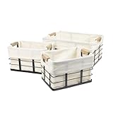 happimess BSK3002A-3SET Callan Vintage Industrial Wire Metal Nesting Storage Baskets with Wood Handles and Fabric Liner for Shelves, Cabinets, Pantry, Countertop, Mesh Open Bin, Black (Set of 3)