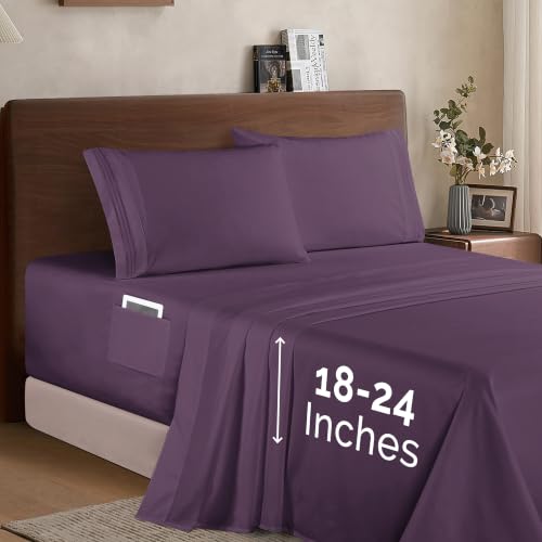 Image of Elegant Comfort Luxury 1500 Premium Hotel Quality Microfiber 4-Piece Sheet Set - Soft, All Around Elastic 18-24 Inches Deep Fitted Sheet - Extra Deep Pocket Sheets, Twin /Twin XL, Eggplant-Purple