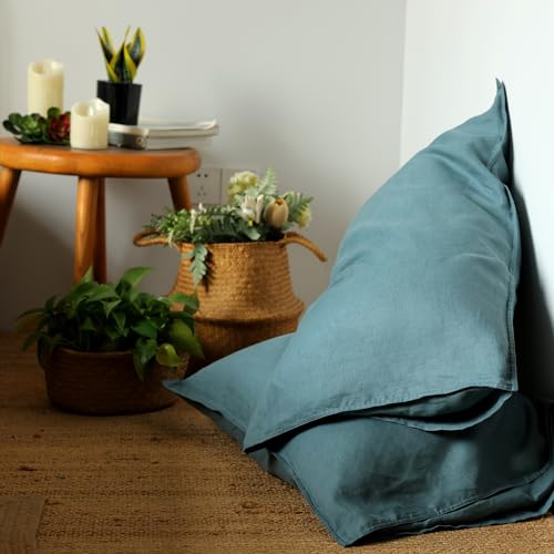 Image of XZ XIFA 100% Washed French Flax Linen Duvet Cover Set - 3 Pieces, Cooling & Textured Farmhouse Bedding for Hot Sleepers, with Zipper Closure (Blue, Queen)