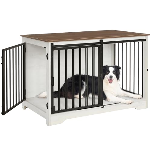 Hzuaneri Hundekäfig Möbel, 100cm hundebox für zuhause, Schiebetüren, 2 Tür, Moderne hundebox Holz Indoor für kleine/mittlere/große Hunde, Hundekäfig für Zuhause, 100 x 60 x 68 cm, Weiß Braun