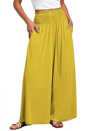 ANRABESS Women Palazzo Pants Summer Boho Bagyy Wide Leg High Smocked Waist Casual Loose Lounge Pant with Pocket Yellow Large