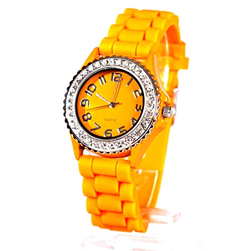 Reloj de pulsera de cuarzo para mujer con piedras brillantes, analógico, deportivo, correa de silicona naranja, reloj de cuarzo analógico Reloj de pulsera de cuarzo para mujer con piedras brillantes, analógico, deportivo, correa de silicona naranja, reloj de cuarzo analógico