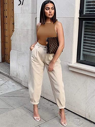 Womens Sexy Sleeveless High Neck Racer Back Halter Thong Bodysuits Leotard Tank Tops Brown Medium #TOP2