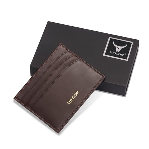 Image of HISCOW Slim Full Grain Leather Card Holder, Coffee | Men's minimalist EDC wallet, front pocket carry, 6 credit card slots & center pocket, fits folded bills, premium gift box