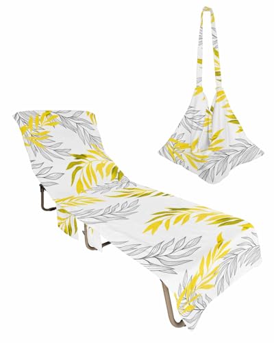 Yellow Botanical Beach Lounge Chair Towel Cover, Soft Chaise Lounge Towel with Side Pockets Patio Pool Chairs Cover for Beach/Pool Sunbathing 29x85 Leaf Contemporary Abstract Geometric