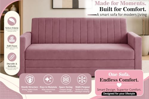 Image of 3-Seater Velvet Sofa Cum Bed with Armrests | Modern Convertible Sleeper Couch | Stylish Sofa Bed for Living Room, Bedroom & Office | Rose Pink