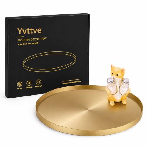 Yvttve Plateau Rond Doré en Métal avec 3 Bandes Adhésives, Plateau Decoratif Bougie, Plateaux de Service en Acier Inoxydable Bijoux et Maquillage Organiseur Assiette (Ø 32 cm, Doré)