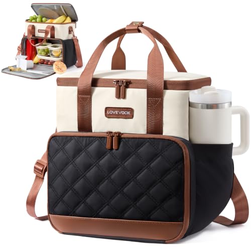 LOVEVOOK Insulated Lunch Bag for Women Men, Double Deck Large Lunch Box, Leakproof Cooler Bag with Cup Holder & Adjustable Strap,15L Quilted Reusable Lunch Tote for Work,Teacher,Nurse,Picnic,Beach