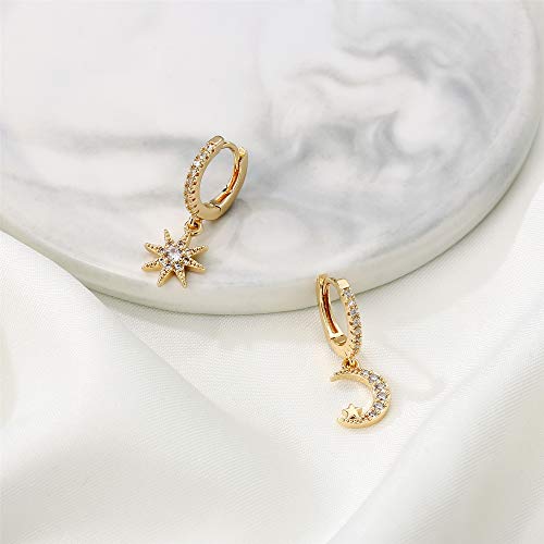Moon Star Earrings Huggie Hoop, 14K Gold Plated Star Hoop Earrings Cz Huggie Hoop Earrings Dainty Huggie Earrings Hypoallergenic Earrings Open Dangle Hoop Earrings Gifts For Her #TOP4
