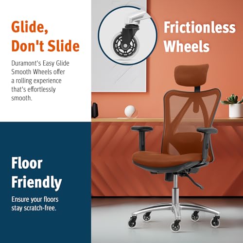 Image of Duramont Ergonomic Office Chair - Adjustable Desk Chair with Lumbar Support and Rollerblade Wheels - High Back Chairs with Breathable Mesh - Thick Seat Cushion, Head, and Arm Rests - Brown