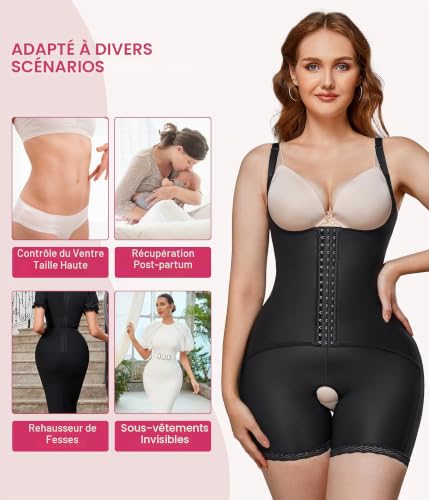 KUMAYES Body Sculptant Femme Gainant Double Ventre Plat Gainant Bustier Amincissante Corset Gaine Lingerie Minceur Shapewear Bodysuit (S, Noir) – vue 5