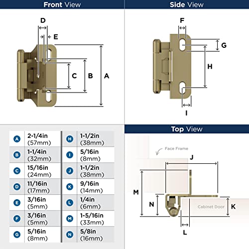 Image of Amerock 1 Pair 1 /4 inch Overlay Golden Champagne Partial Wrap Cabinet Hinge | Self-Closing Steel Cabinet Hinge for Kitchen and Bathroom Cabinet Doors with a 1 /4 inch (6 mm) Overlay, Partial Wrap
