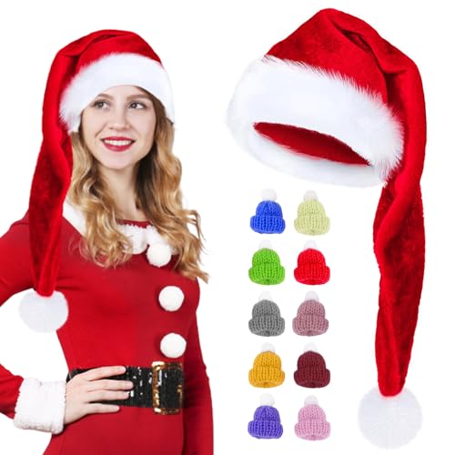 Booaee Jultomtemössa, lång julmössa, 75 cm plysch tomtemössa röd jultomtemössa för vuxna jultomten tjock pälskant, jultomtemössa med 10 stycken mini julmössa för kvinnor män