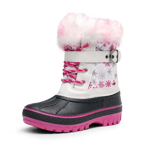DREAM PAIRS Girls Boys Snow Boots Water-Resistant Outdoor Warm Cozy Anti-Slip Mid Calf Faux Fur Lining Winter Shoes for Little/Big Kids 9 Toddler White/Fuchsia