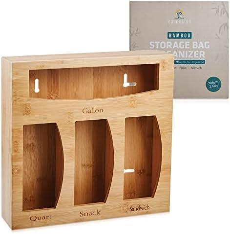Carnation Brands Bamboo Ziplock Bag Organizer for Drawer - Rustic Brown Dispenser Kitchen Organization Pre-Assembled Baggie Storage to Minimize Clutter 12-''x12-''x3-''