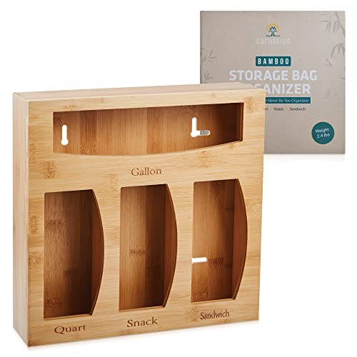 Carnation Brands Bamboo Ziplock Bag Organizer For Drawer - Rustic Brown Dispenser Kitchen Organization Pre-Assembled Baggie Storage To Minimize Clutter 12-''X12-''X3-'' #TOP24