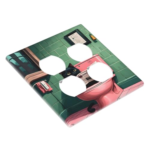Decorative Outlet Covers Funny Black Cat Newspaper Pink Toilet 2 Gang Wall Plate Cover Double Duplex Receptacle Two Switch Light Switch Cover Plate Jumbo Dual Faceplate