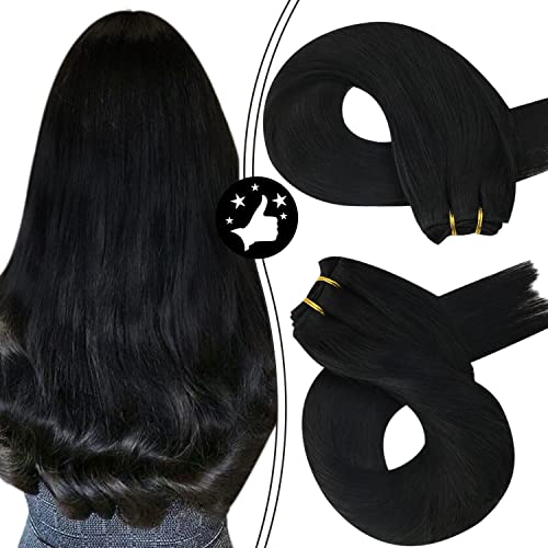 Moresoo 16 Inch 100% Human Hair Bundles Hand Tied Weft Hair Extensions Color #1 Jet Black Hair Extensions Human Hair Weft Sew in Extensions Hair Wefts Human Hair Sew in 100G